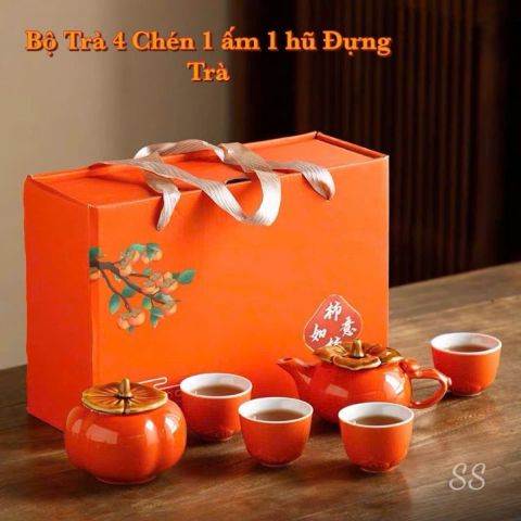 Bộ Ấm Trà Quả Hồng Gốm Sứ Cao Cấp