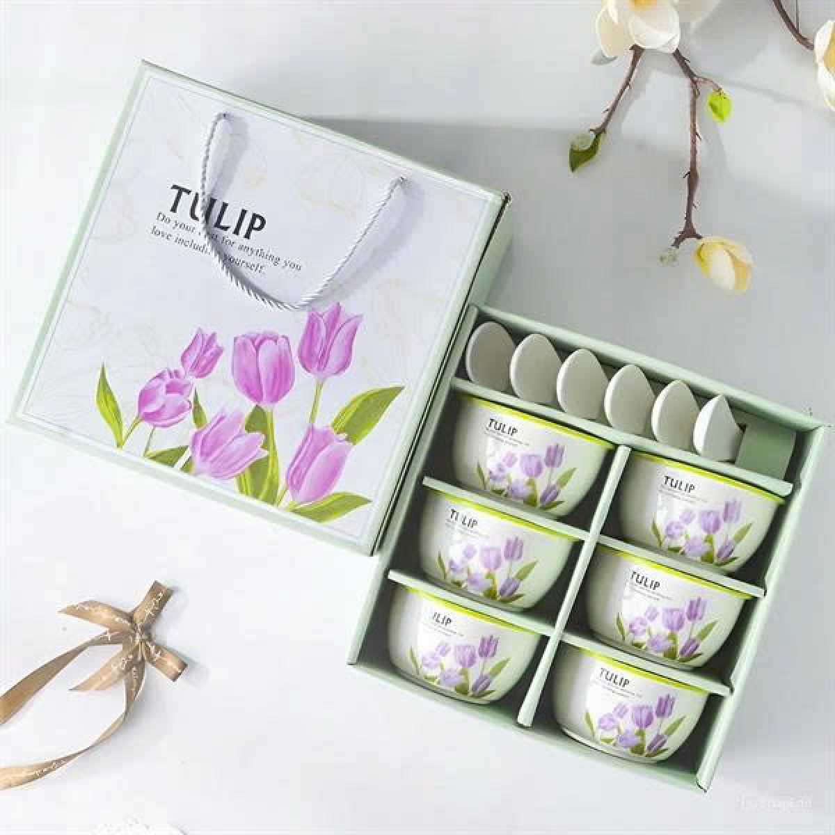 SET BÁT THÌA GỐM SỨ HỌA TIẾT HOA TULIP CAO CẤP