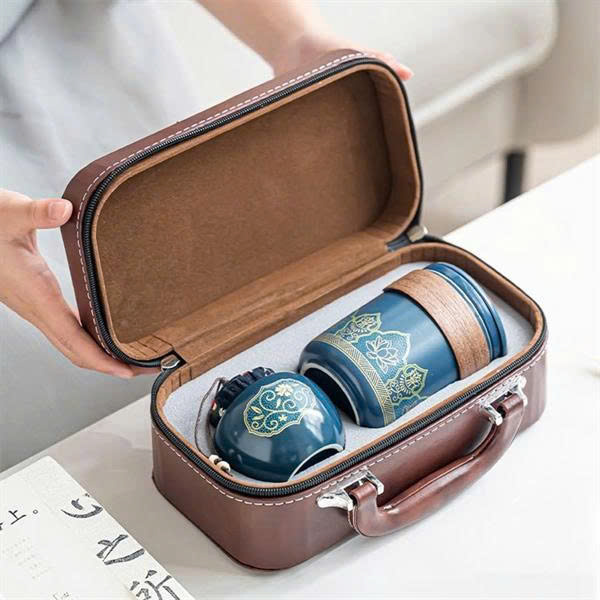 HỘP TRÀ SỨ KÈM TÚI DA CAO CẤP phong cách Nhật Bản