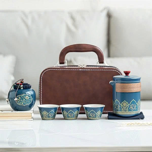 HỘP TRÀ SỨ KÈM TÚI DA CAO CẤP phong cách Nhật Bản