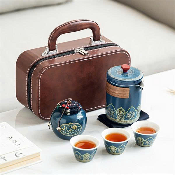 HỘP TRÀ SỨ KÈM TÚI DA CAO CẤP phong cách Nhật Bản