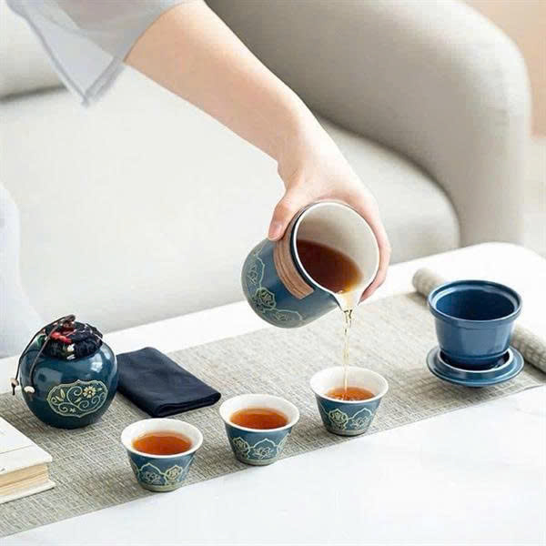 HỘP TRÀ SỨ KÈM TÚI DA CAO CẤP phong cách Nhật Bản