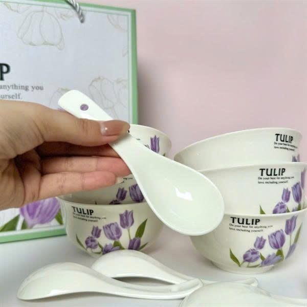 SET BÁT THÌA GỐM SỨ HỌA TIẾT HOA TULIP CAO CẤP