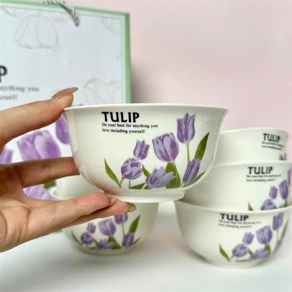 SET BÁT THÌA GỐM SỨ HỌA TIẾT HOA TULIP CAO CẤP