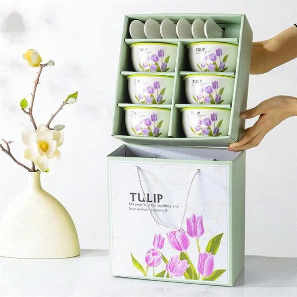 SET BÁT THÌA GỐM SỨ HỌA TIẾT HOA TULIP CAO CẤP